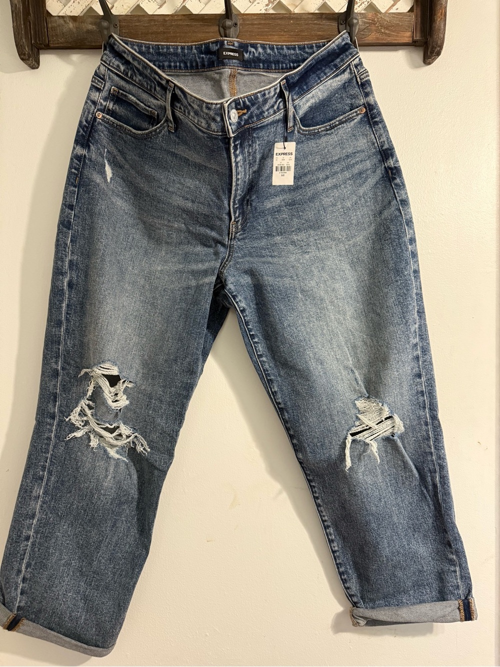 Express Boyfriend Jeans in Medium Blue with Knee Distressing